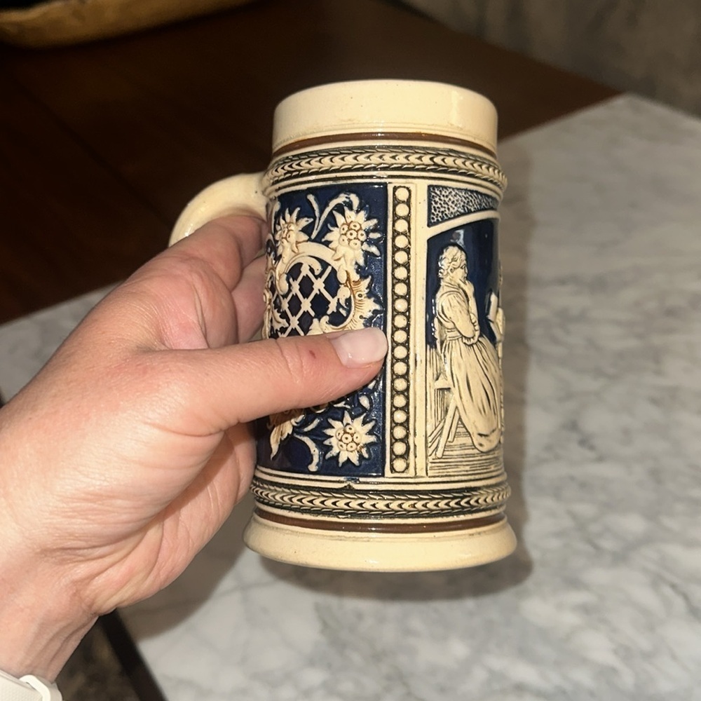 Vintage Ceramic Beer Stein with Blue and Cream Design - Picture 7 of 9